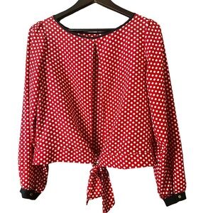 T&M Collection Victoria Red Polka Dot Women's Top Blouse Tie Back Size Large
